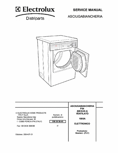ELECTROLUX  Electric tumble dryers Service Manual (Italian)